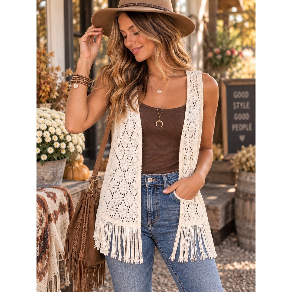 Crochet Fringe Vest Juniors XL Womens L Ivory Boho Western Fall Concert Festival